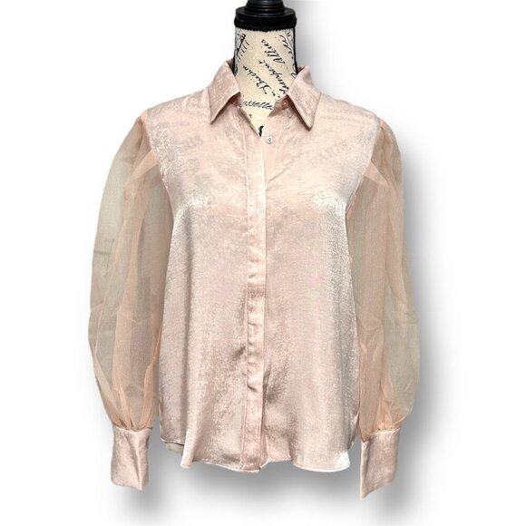 Anthropologie Grey Lab S Pink Satin Semi-Sheer Blouse Mesh Puff Sleeves Feminine - Picture 2 of 9